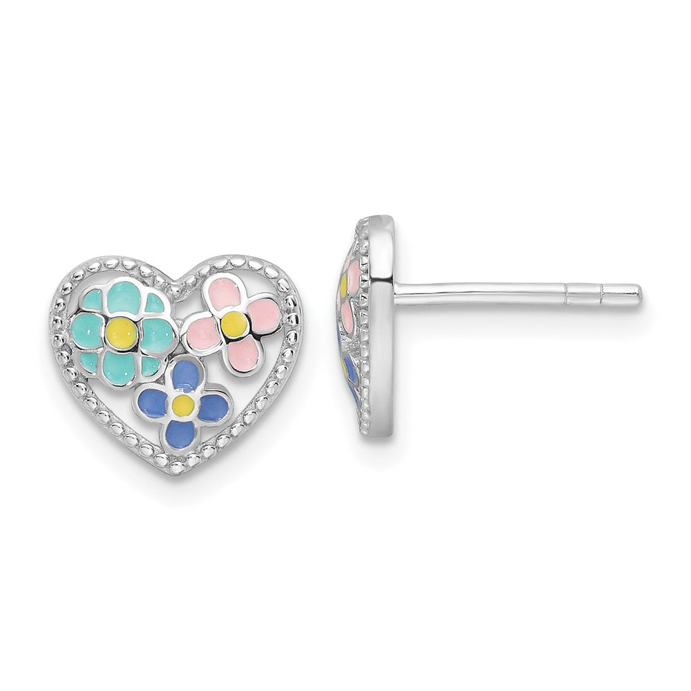 Sterling Silver RH-plated Multi-color Enameled Floral Heart Post Earrings (1.65 grams)