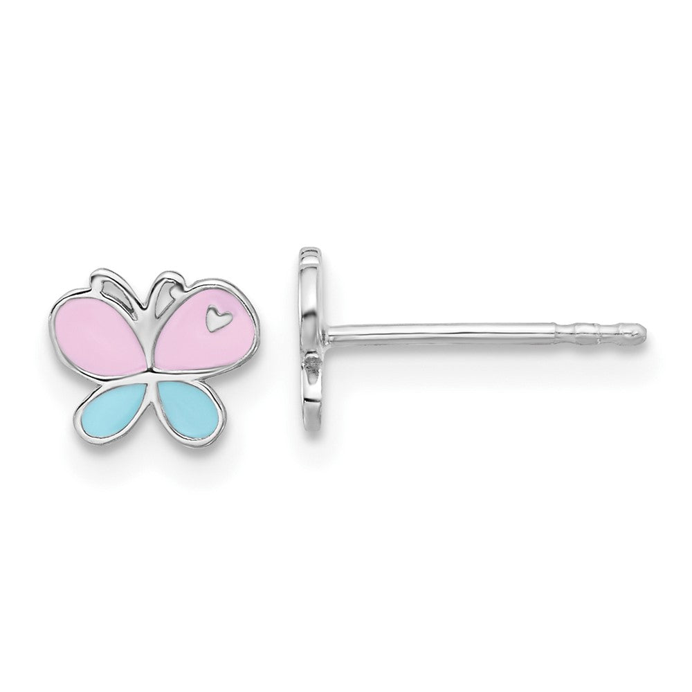 Sterling Silver RH-pltd Blue/Pink Enamel Butterfly Children's Post Earrings (0.59 grams)