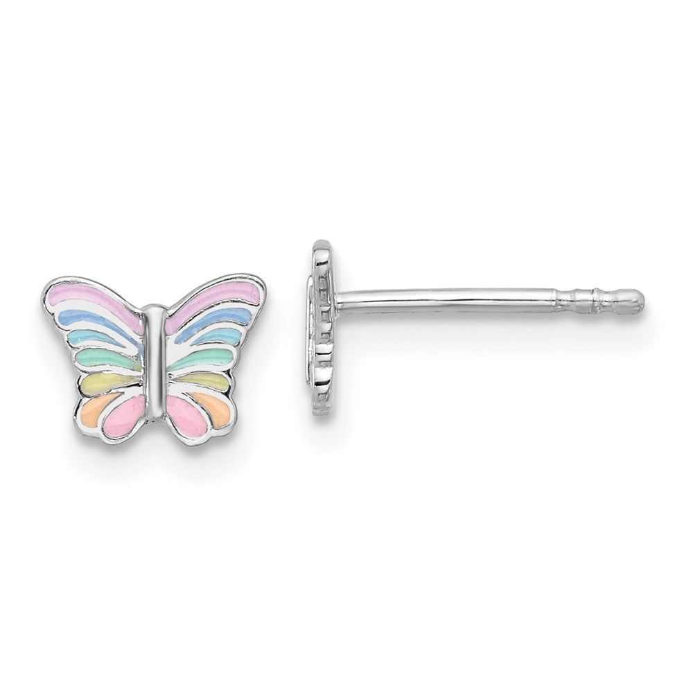 Sterling Silver RH-plated Rainbow Enamel Butterfly Children's Post Earrings (0.76 grams)