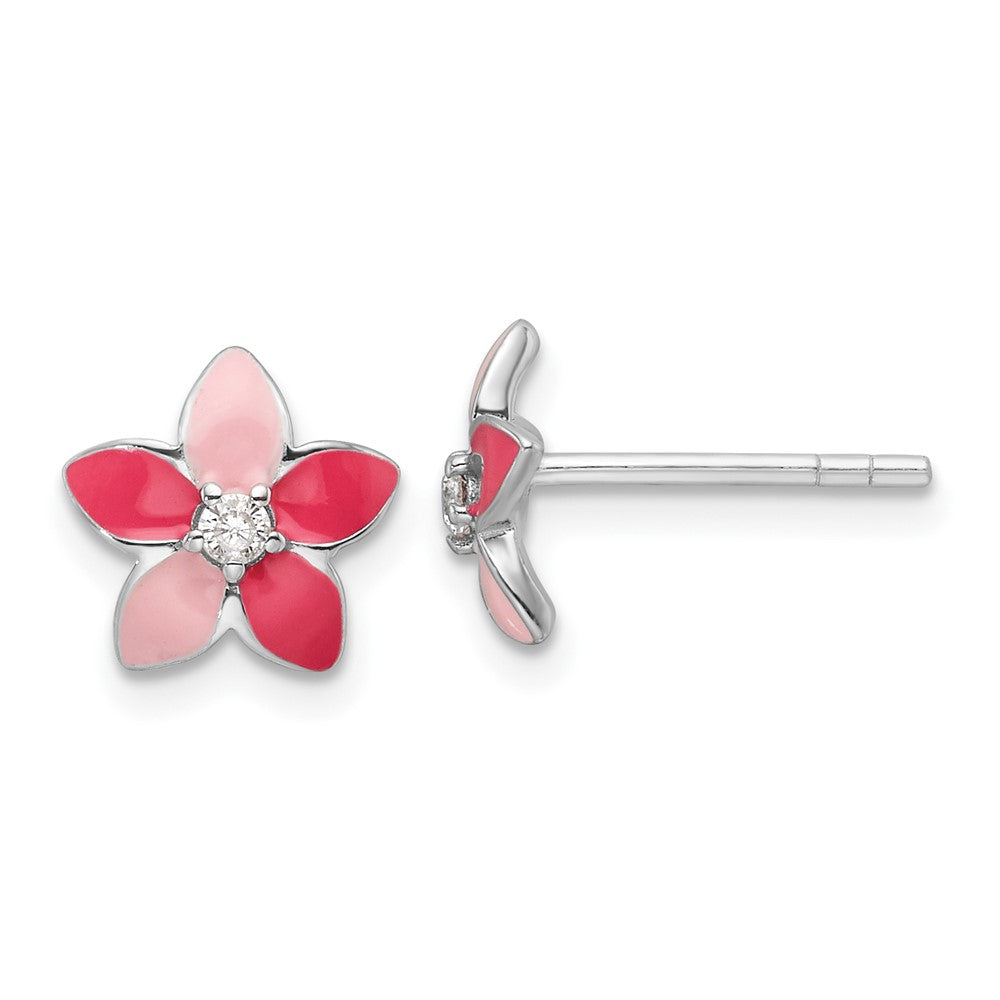 Sterling Silver RH-plated Pink Enamel & CZ Flower Children's Post Earrings (1.36 grams)