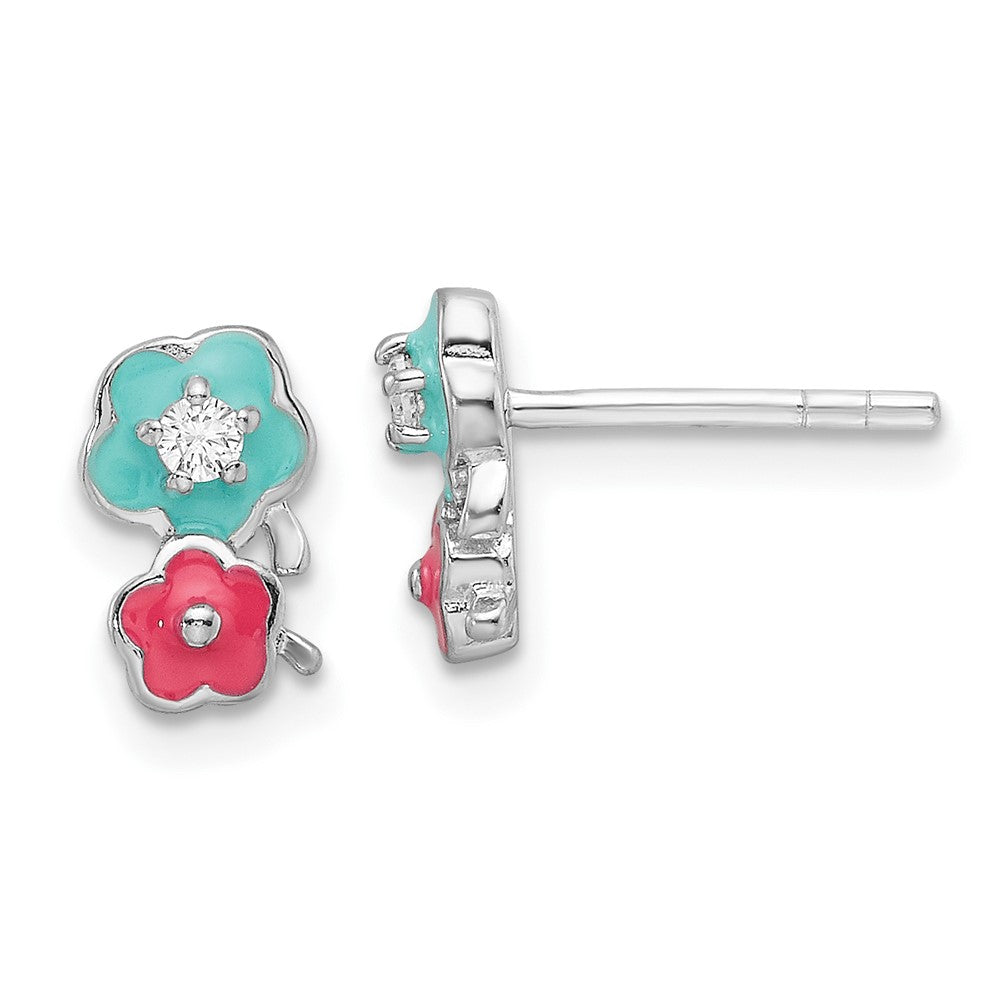 Sterling Silver RH-plated CZ & Enamel Flowers Children's Post Earrings (1.43 grams)