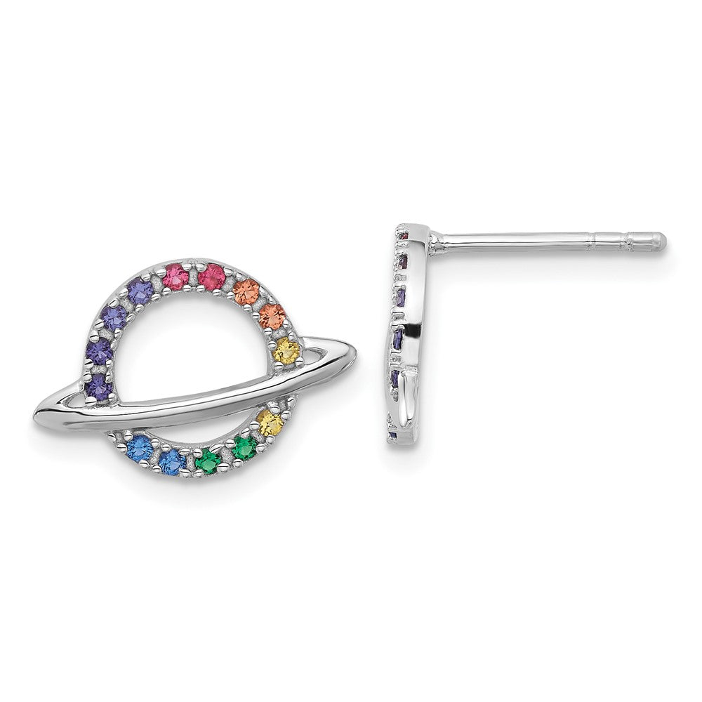 Sterling Silver RH-plated Multicolor Crystal Planet Children's Post Earring (1.56 grams)