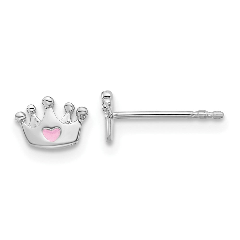 Sterling Silver RH-plated Pink Enamel Heart Crown Children's Post Earrings (0.47 grams)