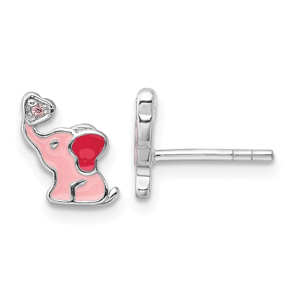 Sterling Silver RH-pltd Pink Enamel & CZ Elephant Children's Post Earrings (1.28 grams)