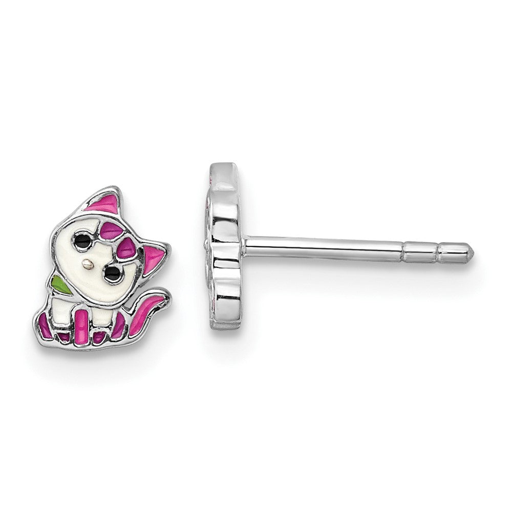 Sterling Silver RH-plated Multicolor Enameled Kitty Children's Post Earring (1.05 grams)