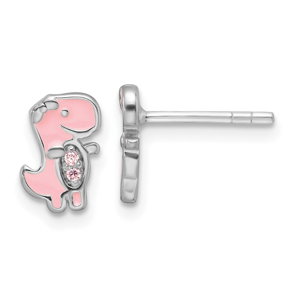 Sterling Silver RH-pltd Pink CZ & Enamel Dinosaur Children's Post Earrings (1.22 grams)