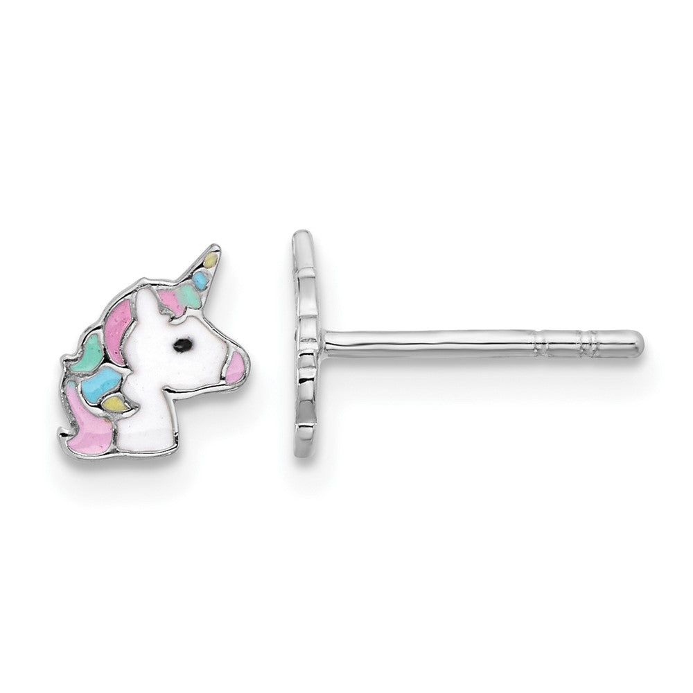 Sterling Silver Rhodium-plated Enameled Unicorn Children's Post Earrings (0.64 grams)