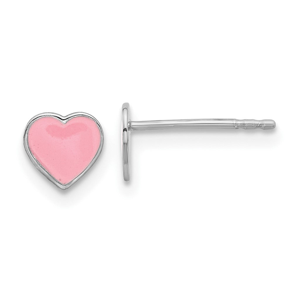 Sterling Silver Rhodium-plated Pink Enamel Heart Children's Post Earrings (0.45 grams)