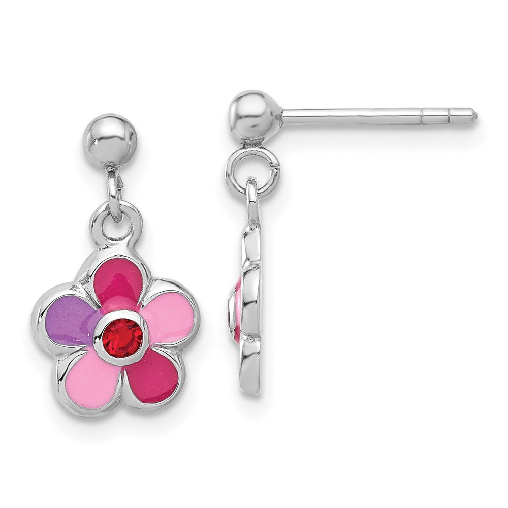 Sterling Silver RH-plated Enameled Red Crystal Flower Post Dangle Earrings (1.7 grams)