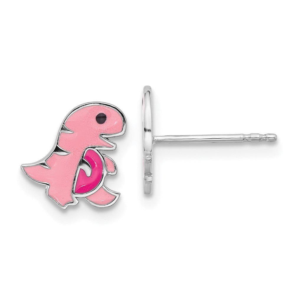 Sterling Silver RH-plated Pink Enamel Dinosaur Children's Post Earrings (0.86 grams)