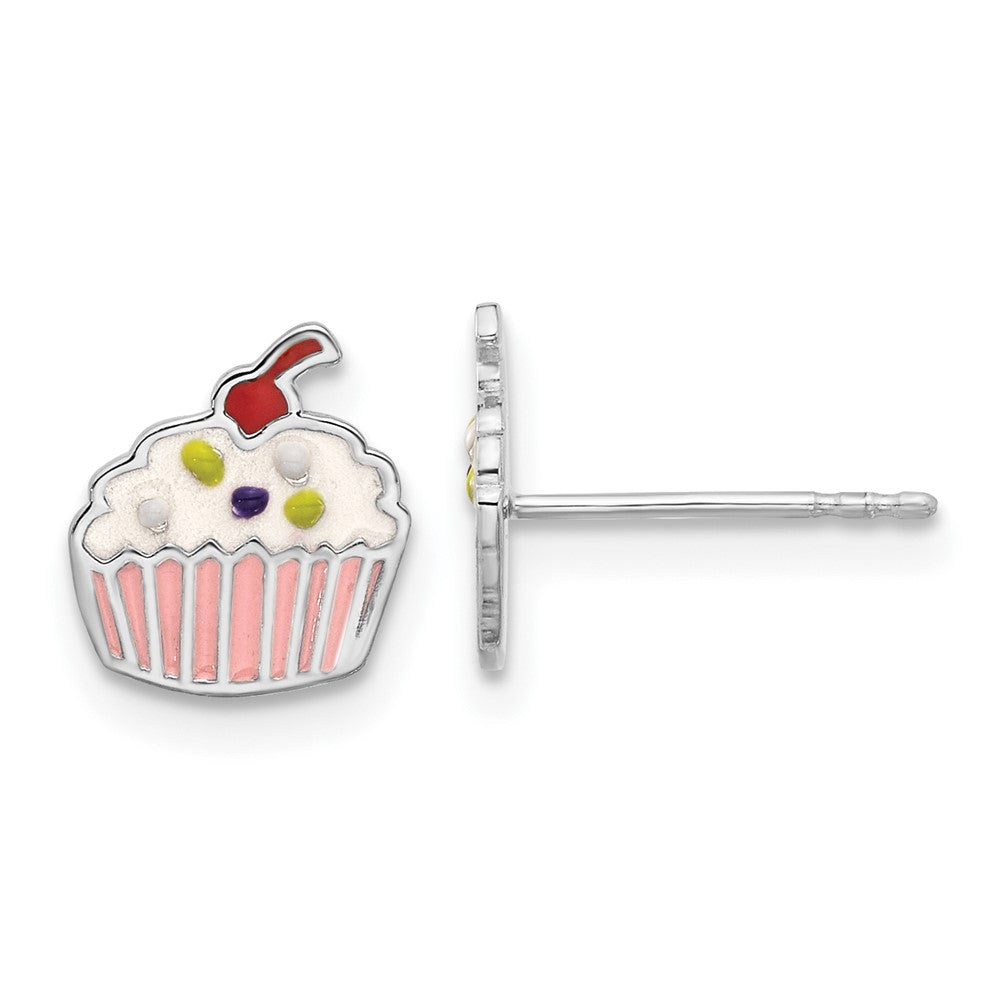 Sterling Silver Rhodium-plated Enamel Cupcake Children's Post Earrings (0.89 grams)