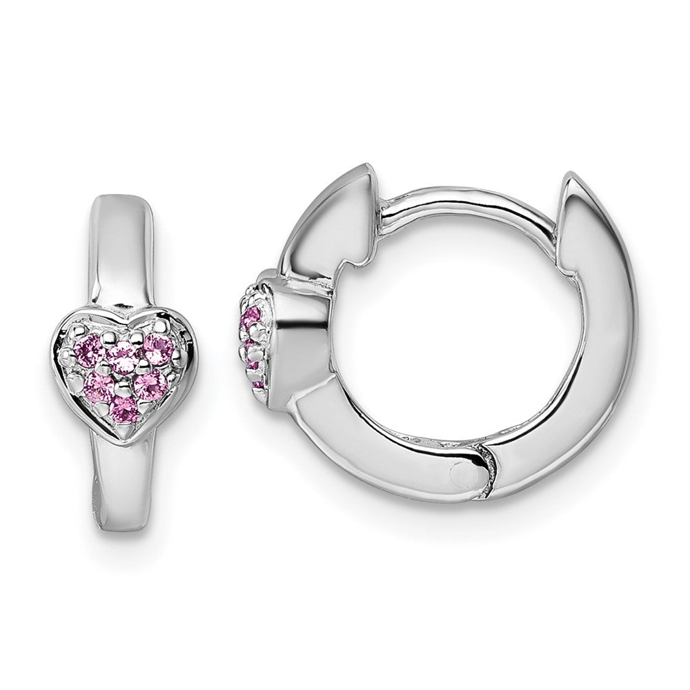 Sterling Silver Rh-plated Children's Pink CZ Heart Hoop Earrings (1.82 grams)