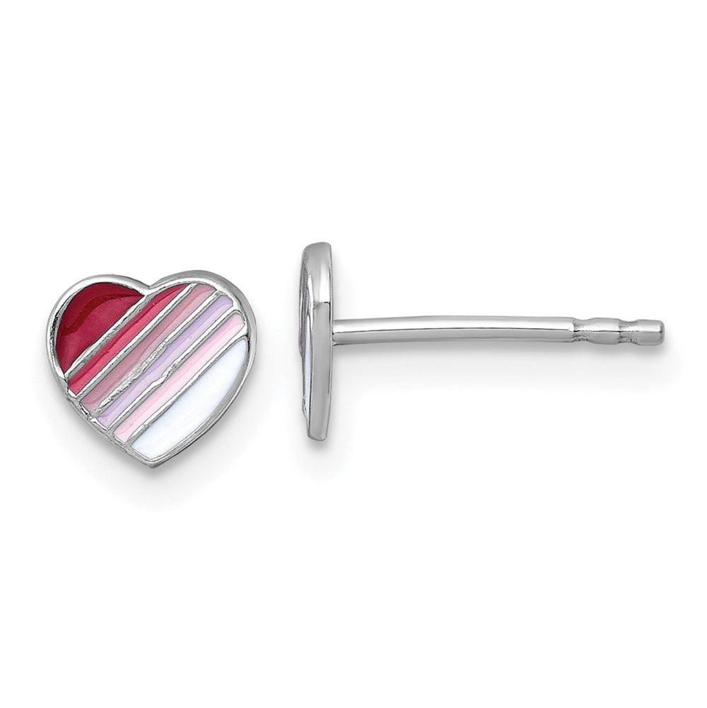 SS Madi K RH-plated Enamel Striped Heart Children's Post Earrings (0.5 grams)