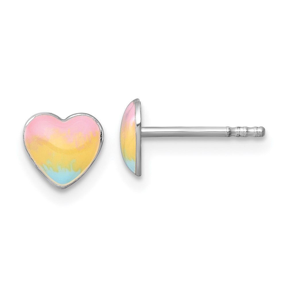 SS Madi K RH-plated Enamel Rainbow Heart Children's Post Earrings (0.48 grams)