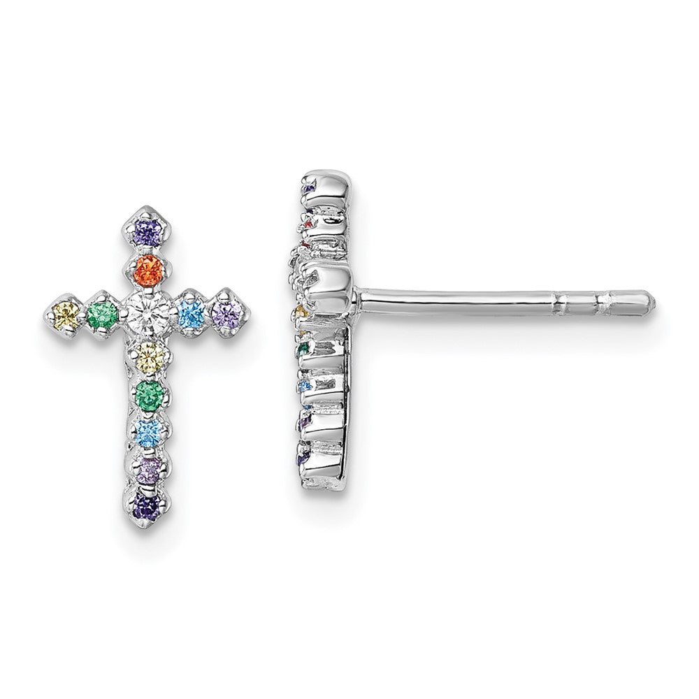 Sterling Silver Rh-plated Children's CZ Cross Post Earrings (1.14 grams)