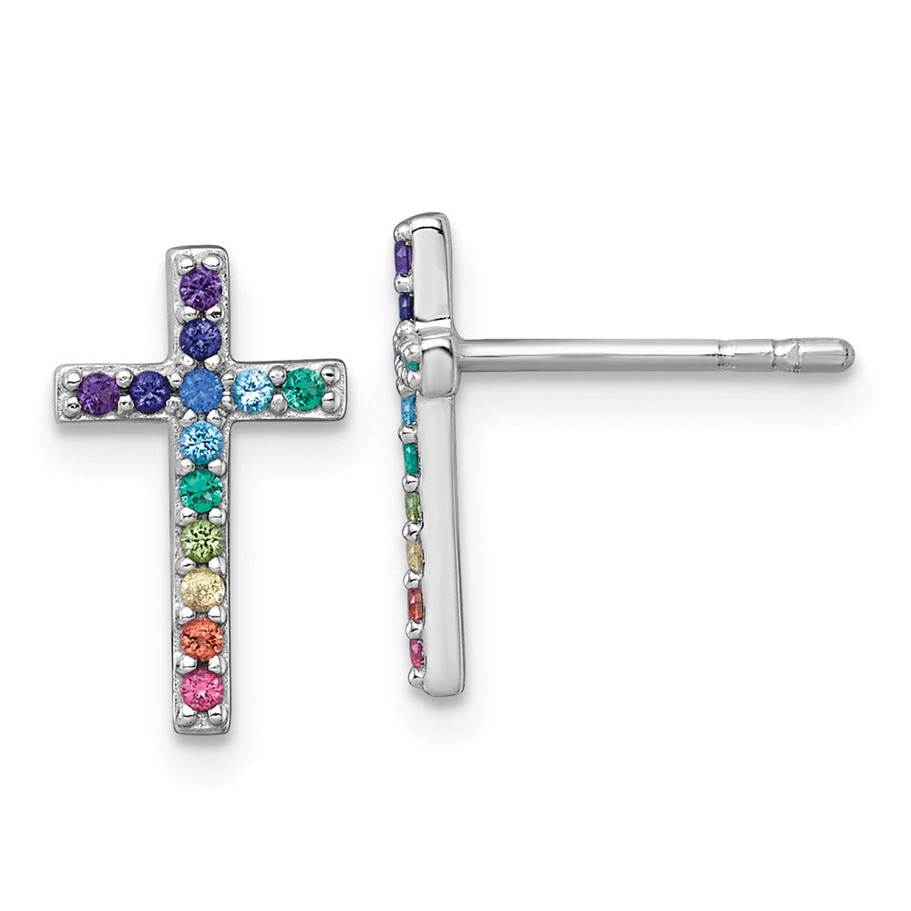 Sterling Silver RH-pl Multi Color Nano Crystal Children Cross Post Earrings (0.94 grams)