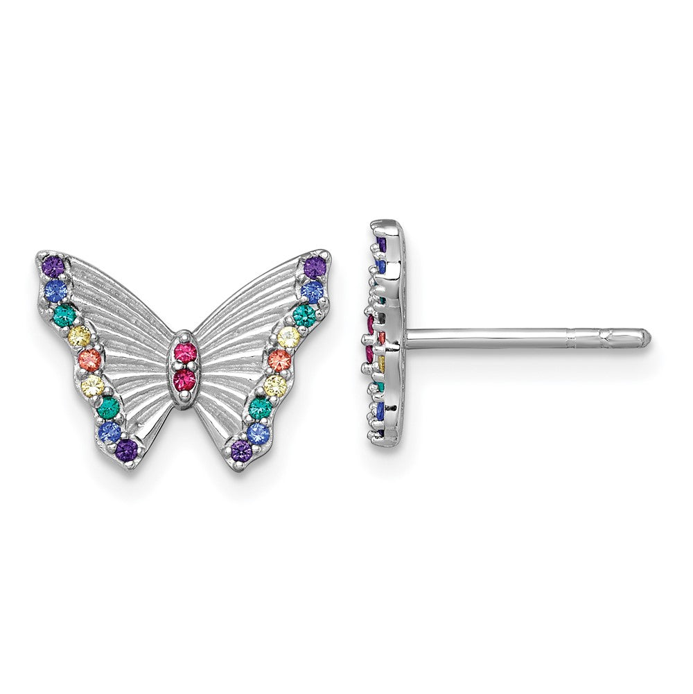 Sterling Silver RH-pl Color Nano Crystals Butterfly Children Post Earrings (1.59 grams)