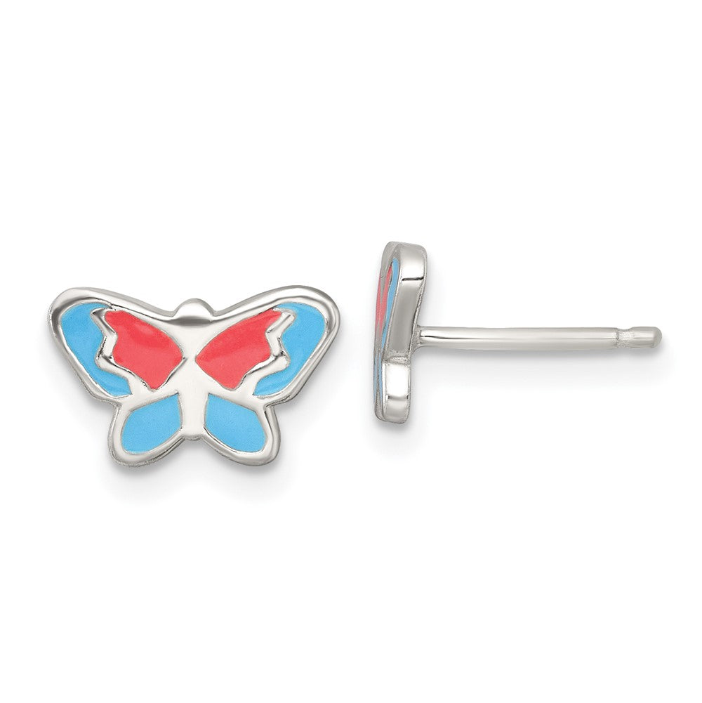 Sterling Silver Polished Enameled Butterfly Children's Post Earrings (1.58 grams)