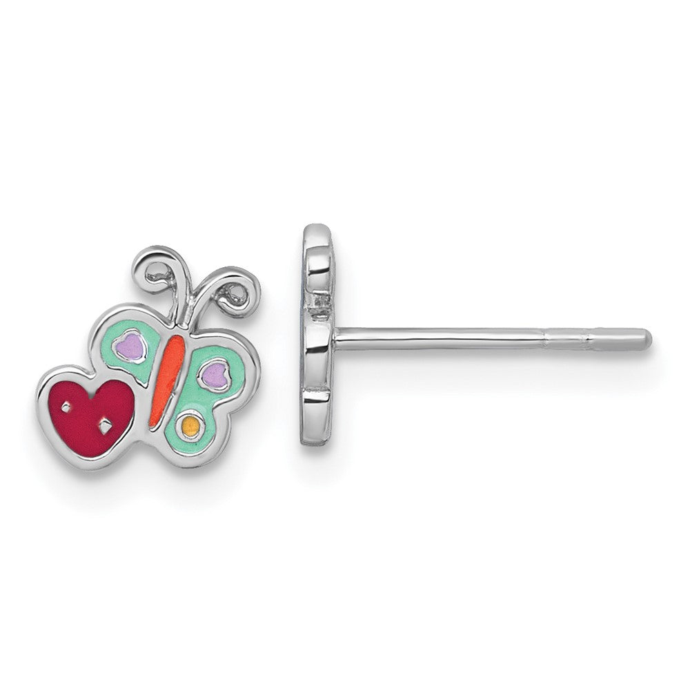 Sterling Silver RH-plat Enamel Butterfly And Heart Children's Post Earrings (0.8 grams)