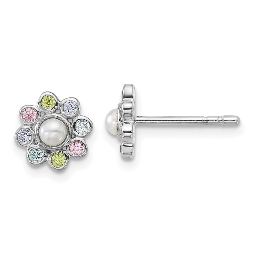 Sterling Silver Rh-plated Children's CZ And FWC Pearl Post Earrings (1.37 grams)