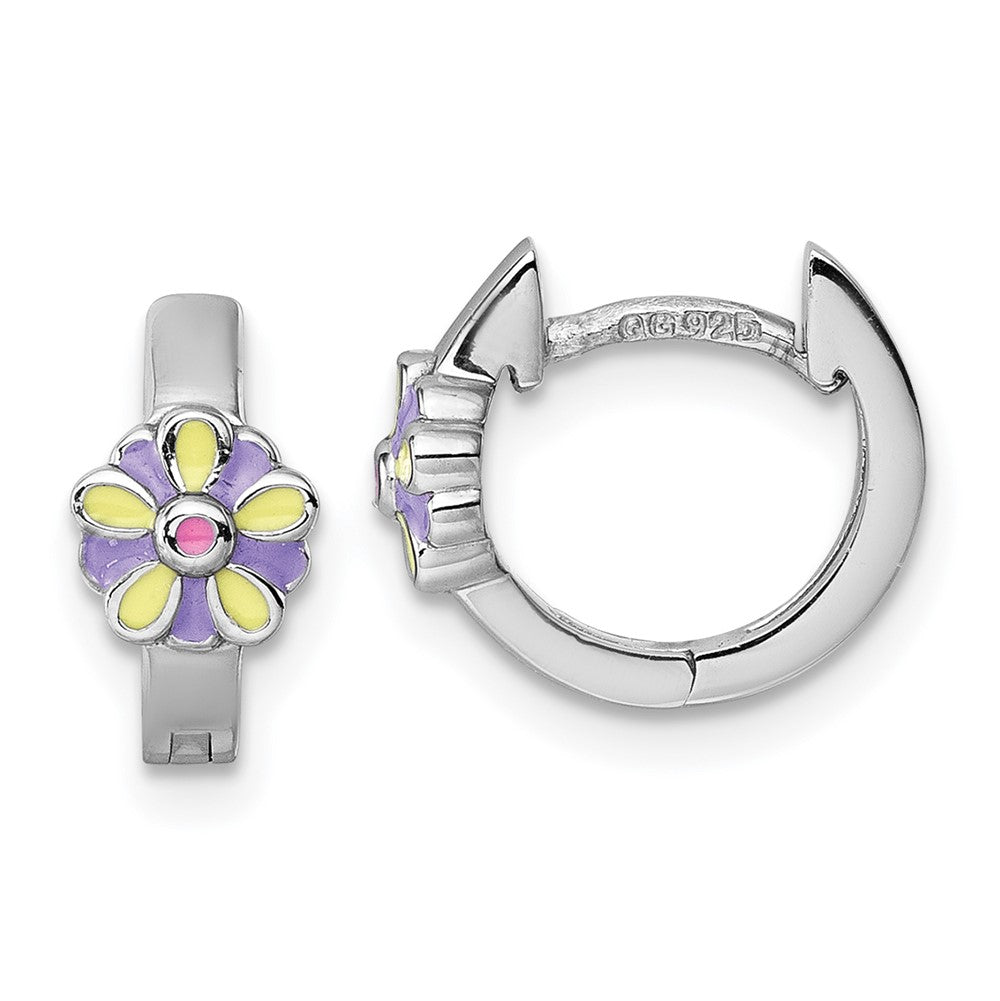 Sterling Silver Rh-plated Children's Enamel Flower Hinged Hoop Earrings (2.32 grams)