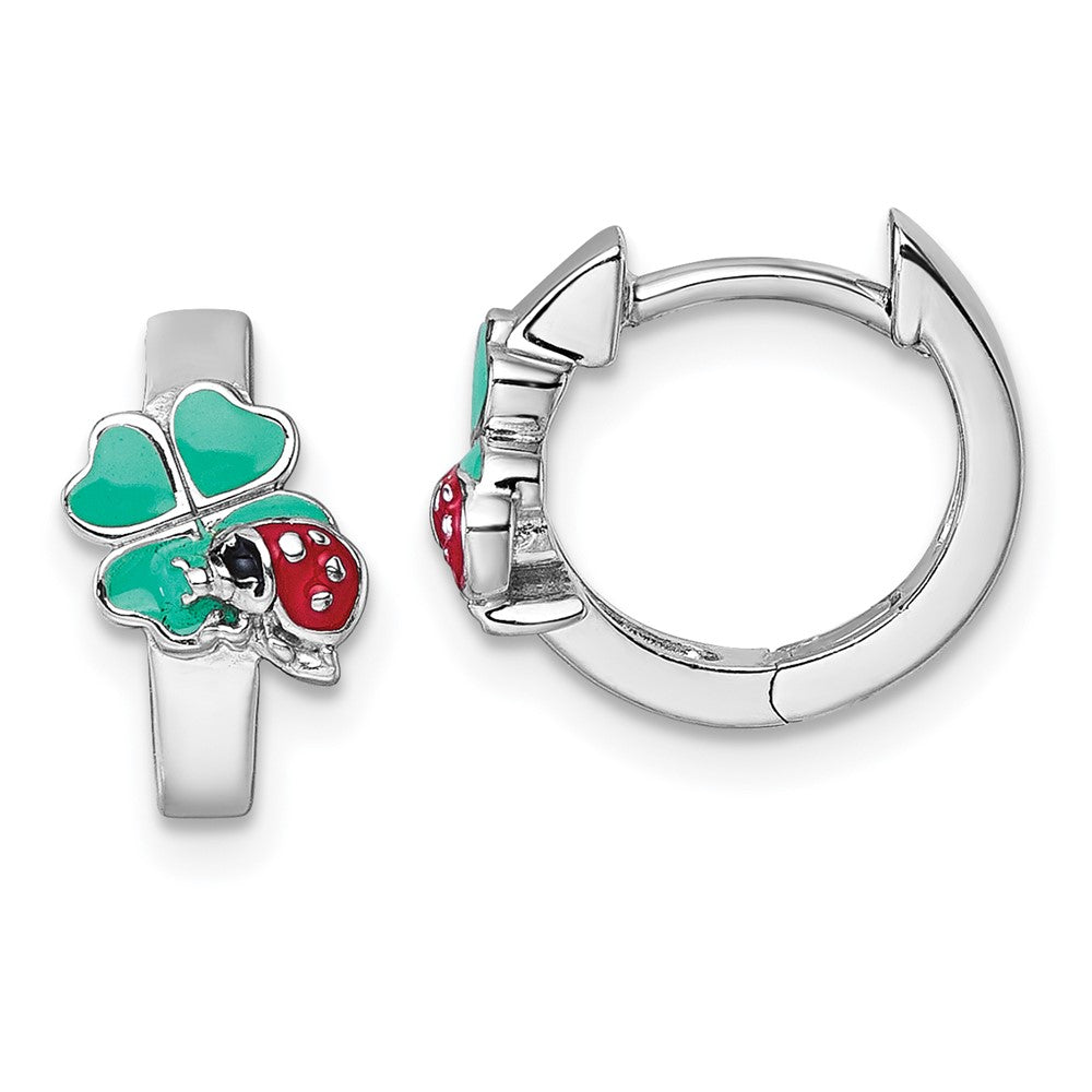 Sterling Silver Rh-plated Children's Enamel Ladybug Clover Hoop Earrings (2.34 grams)