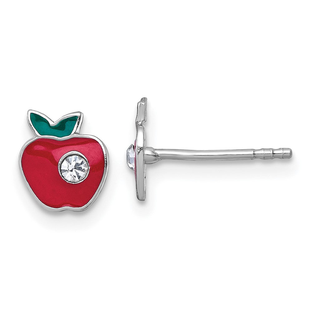 SS Madi K RH-plated Crystal Enamel Red Apple Children's Post Earrings (0.58 grams)