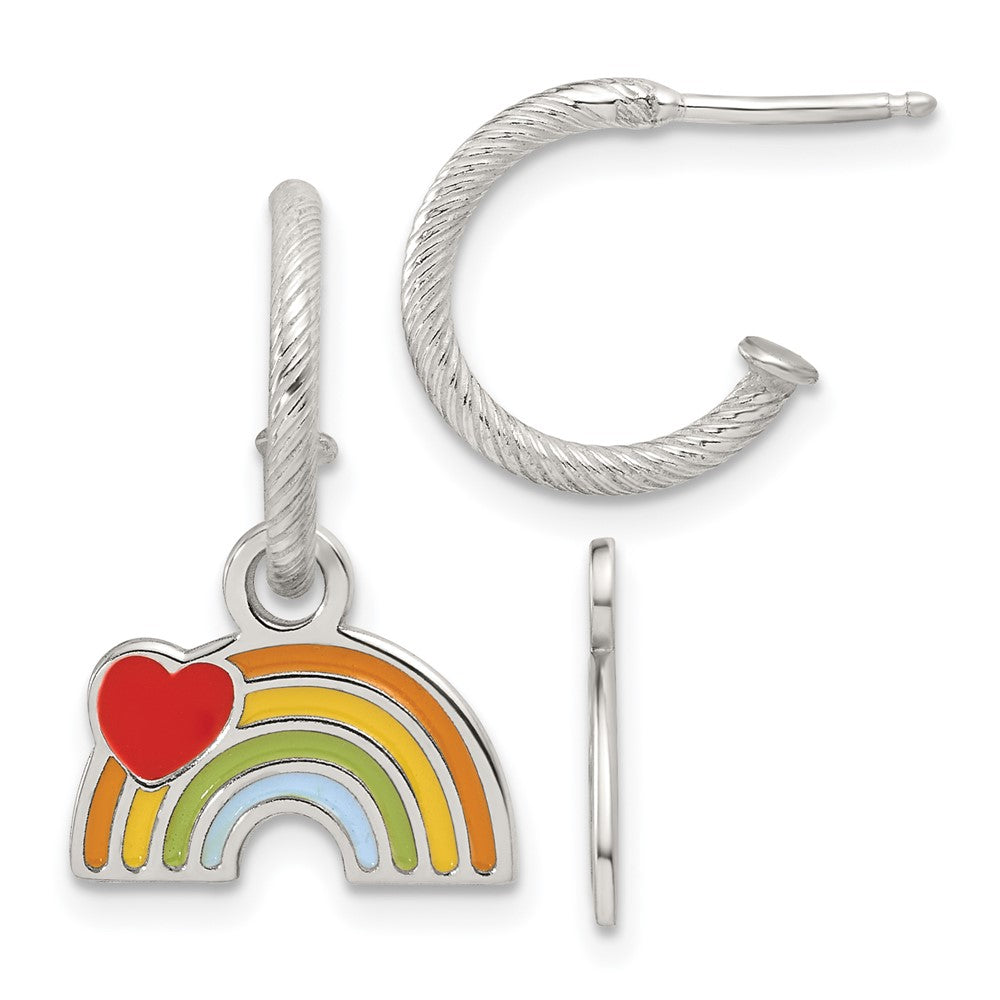 Sterling Silver Grooved Enamel Rainbow Children's Post Dangle Hoop Earrings (2.45 grams)