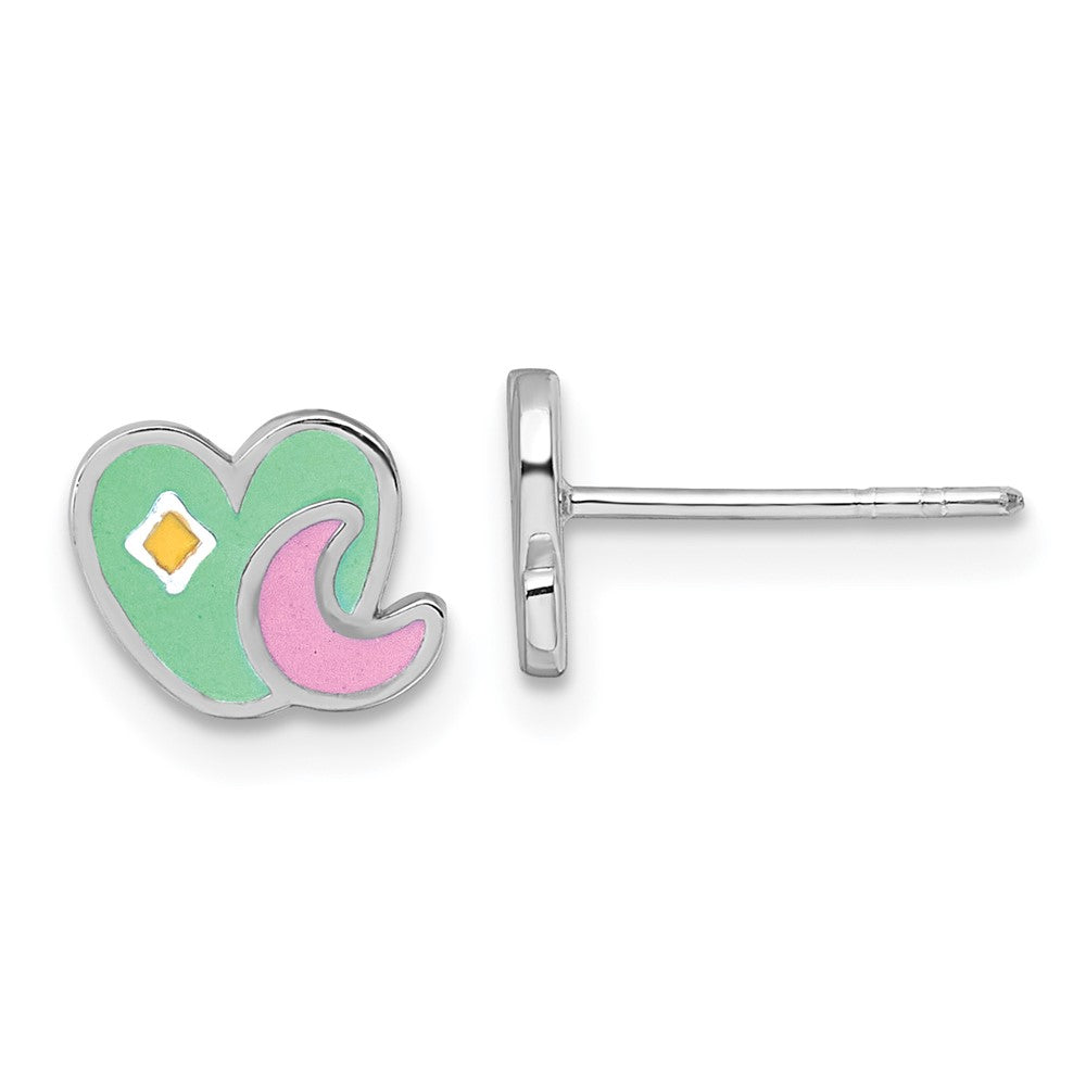 Sterling Silver RH-plated Enamel Heart And Moon Children's Post Earrings (1.02 grams)