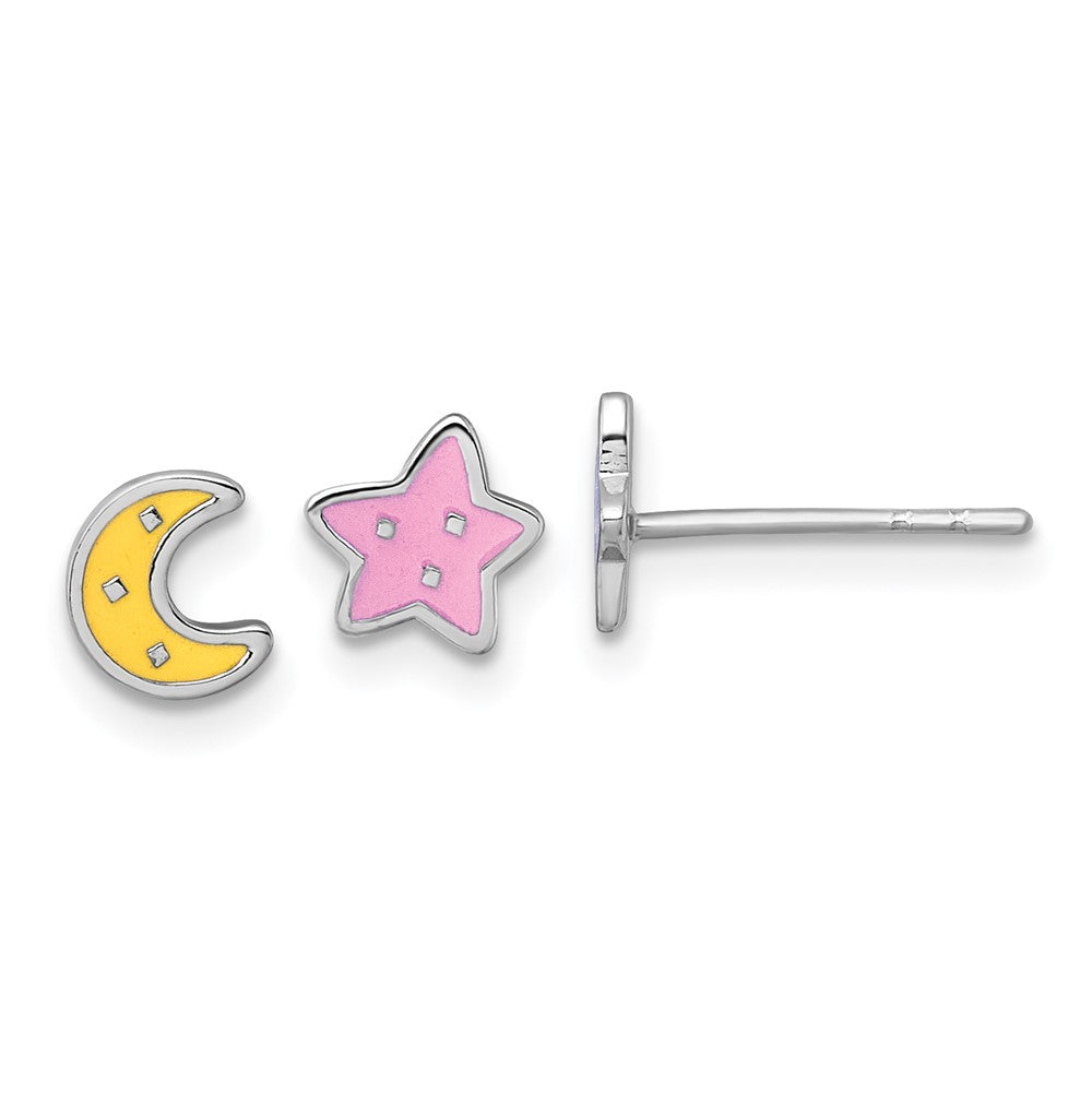 Sterling Silver RH-pl Enamel Moon Star Mismatched Children's Post Earrings (0.54 grams)