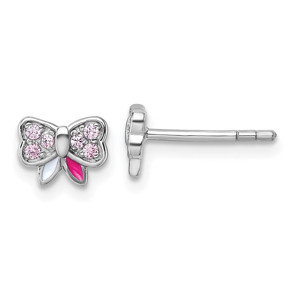 Sterling Silver Rh-plated Children's CZ and Enamel Bow Post Earrings (0.87 grams)