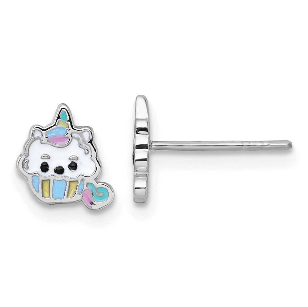 Sterling Silver RH-plated Enamel Unicorn Cupcake Children's Post Earrings (0.88 grams)