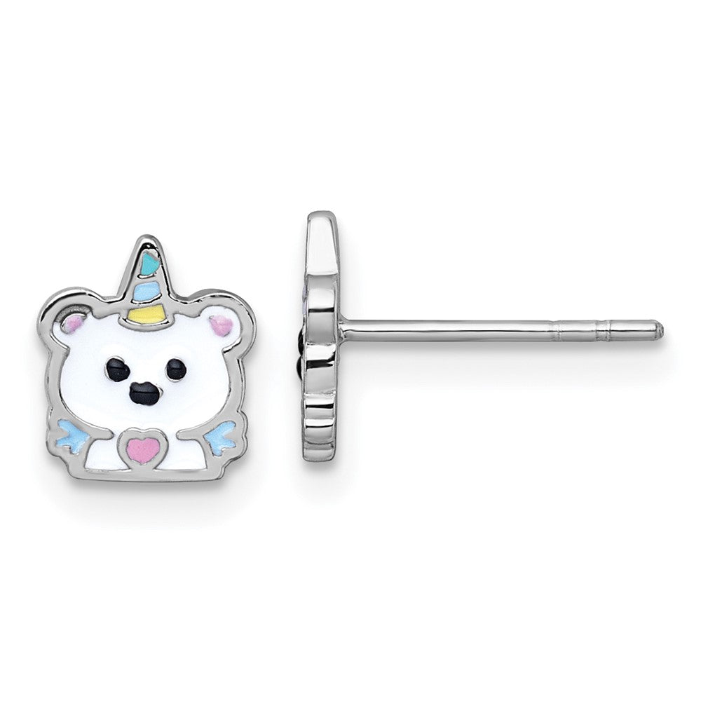 Sterling Silver RH-plated Enamel Unicorn Polar Bear Children's Post Earring (0.96 grams)