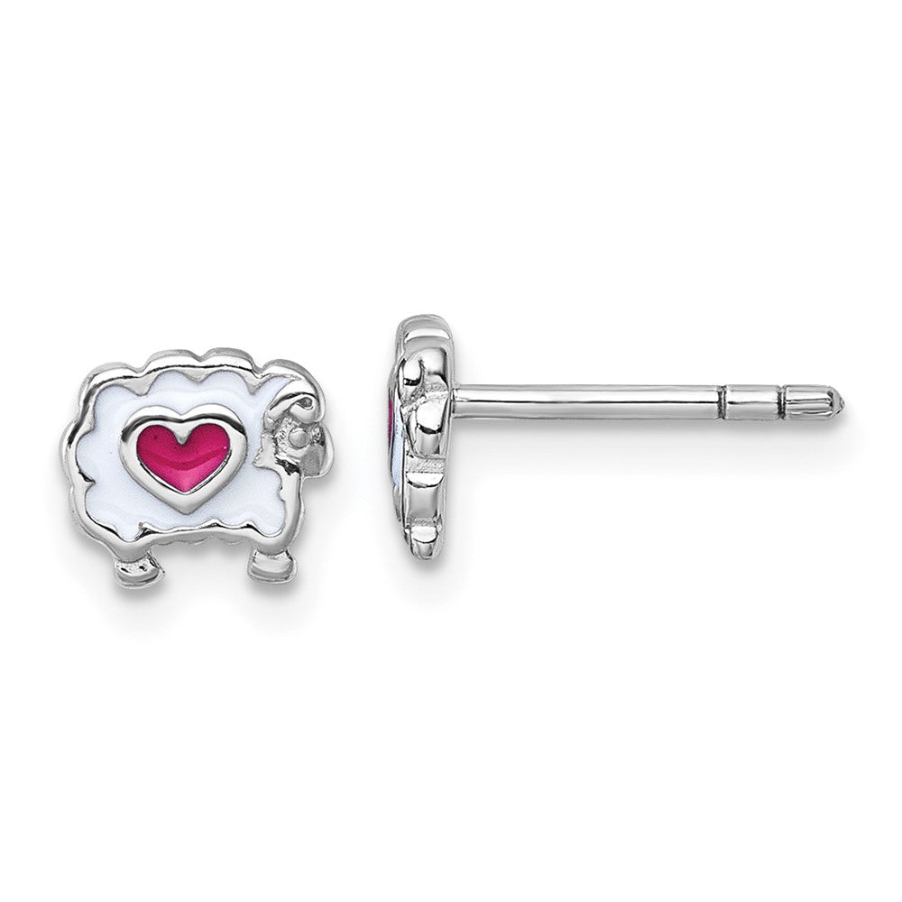 Sterling Silver Rh-plated Children's Enamel Sheep with Heart Post Earrings (0.97 grams)