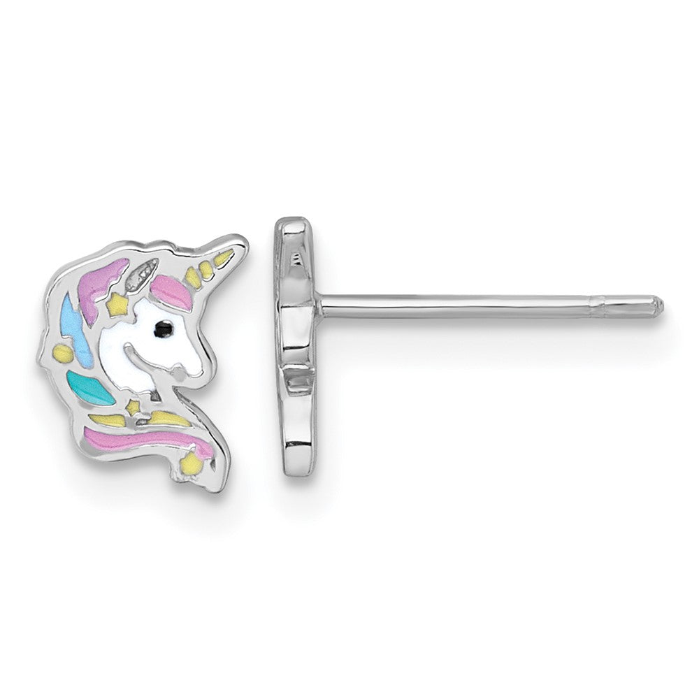 Sterling Silver Rhodium-plated Enamel Unicorn Head Children's Post Earrings (0.84 grams)