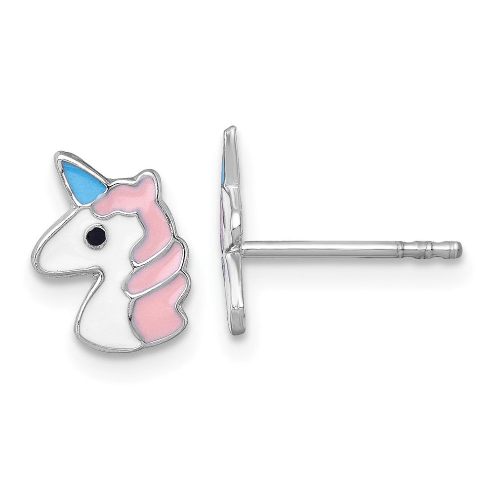 Sterling Silver Madi K RH-plated Enamel Unicorn Children's Post Earrings (0.6 grams)