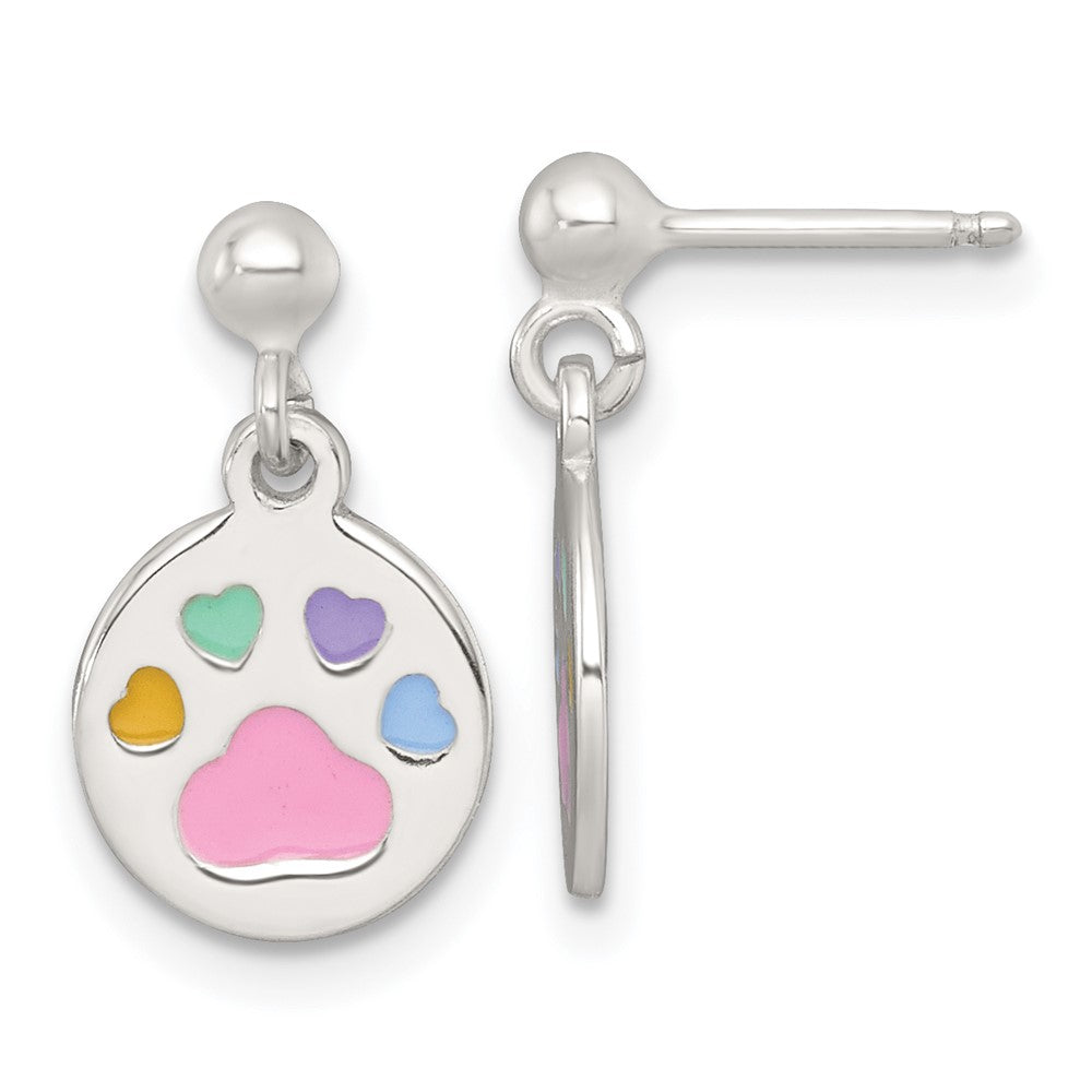 Sterling Silver Enamel Multicolor Pawprint Children's Post Dangle Earrings (1.53 grams)