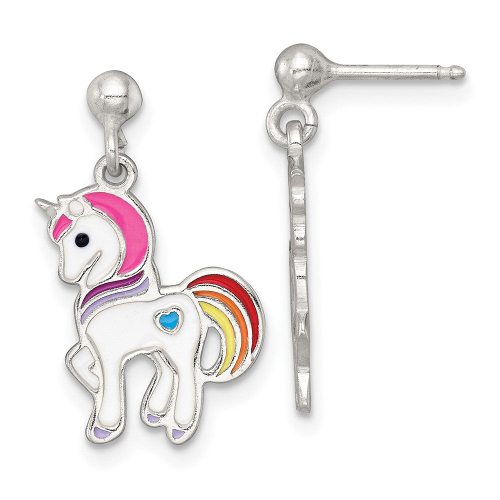 Sterling Silver Polished Enameled Unicorn Children's Post Dangle Earrings (1.7 grams)