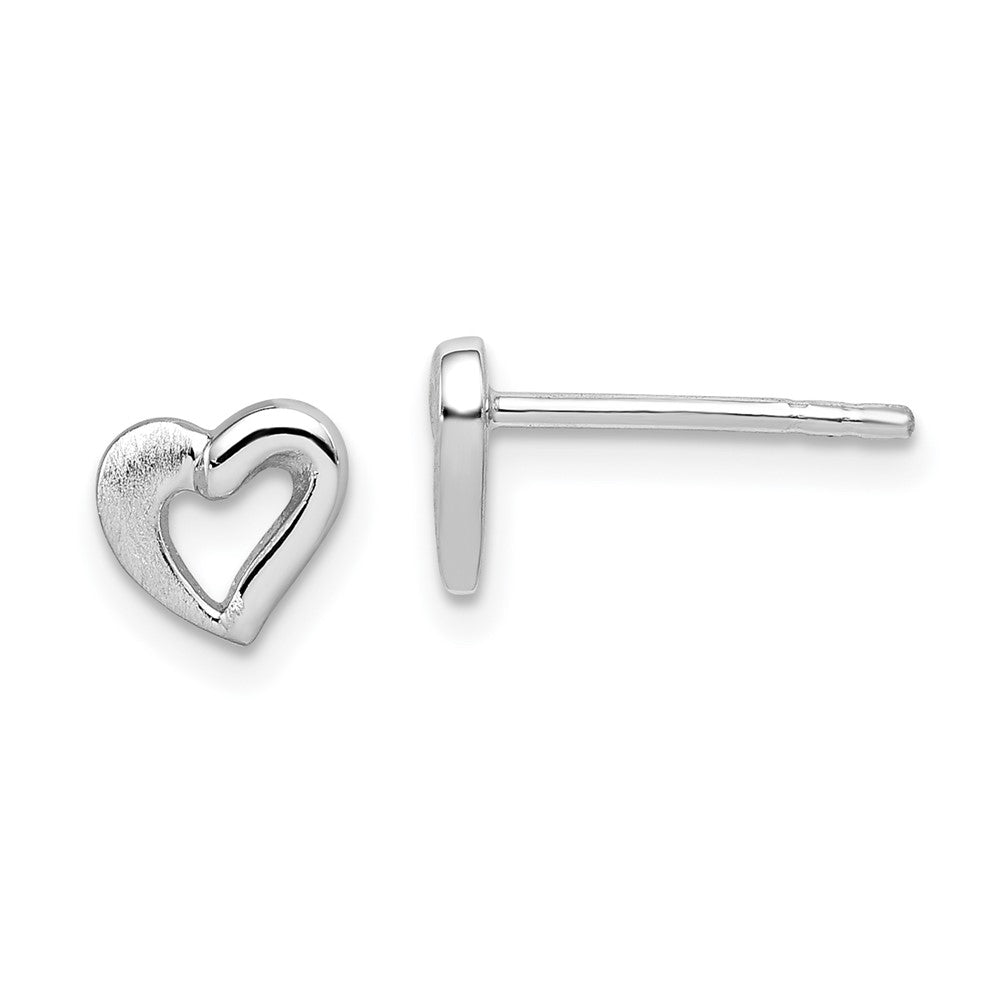 Sterling Silver RH-plated Polished & Brushed Open Heart Post Earrings (0.8 grams)