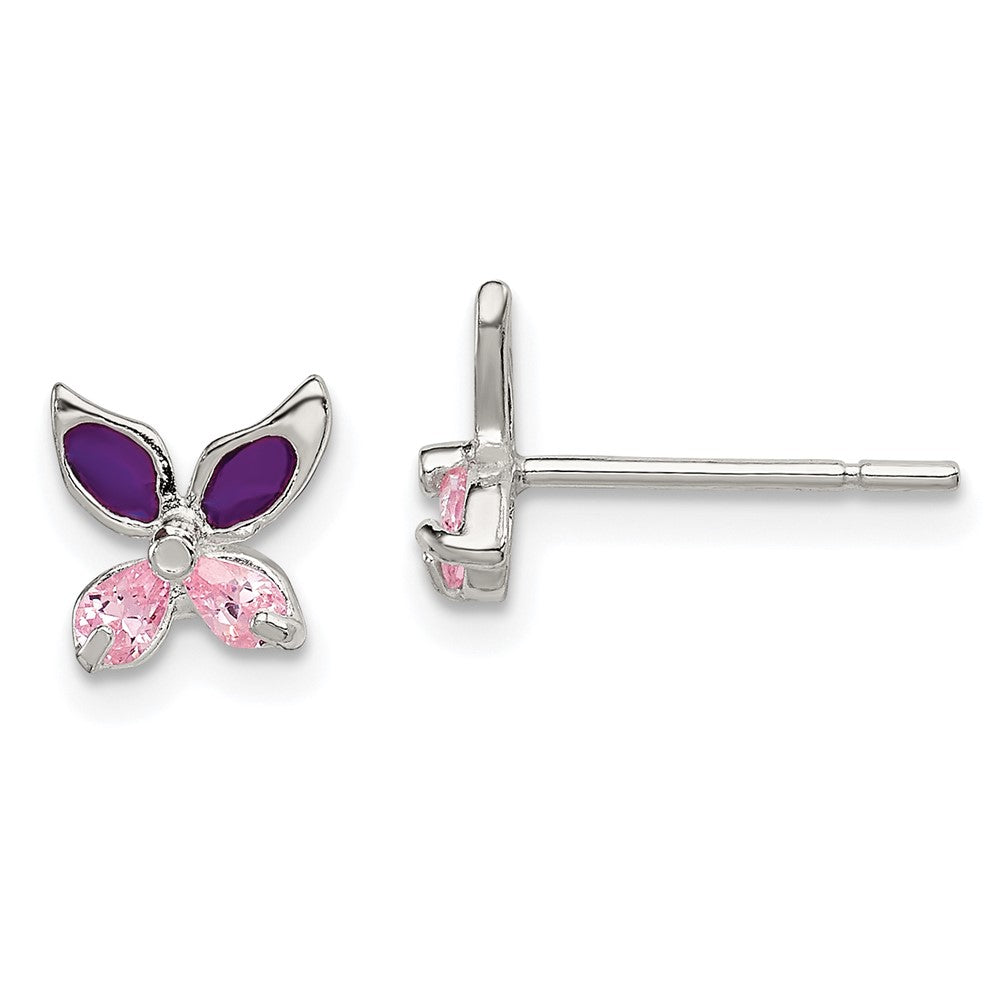 Sterling Silver Pink CZ & Purple Enamel Butterfly Children's Post Earrings (0.76 grams)