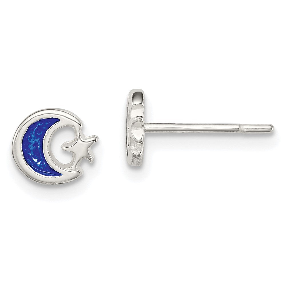 Sterling Silver Polished Blue Enamel Moon & Star Children's Post Earrings (0.8 grams)