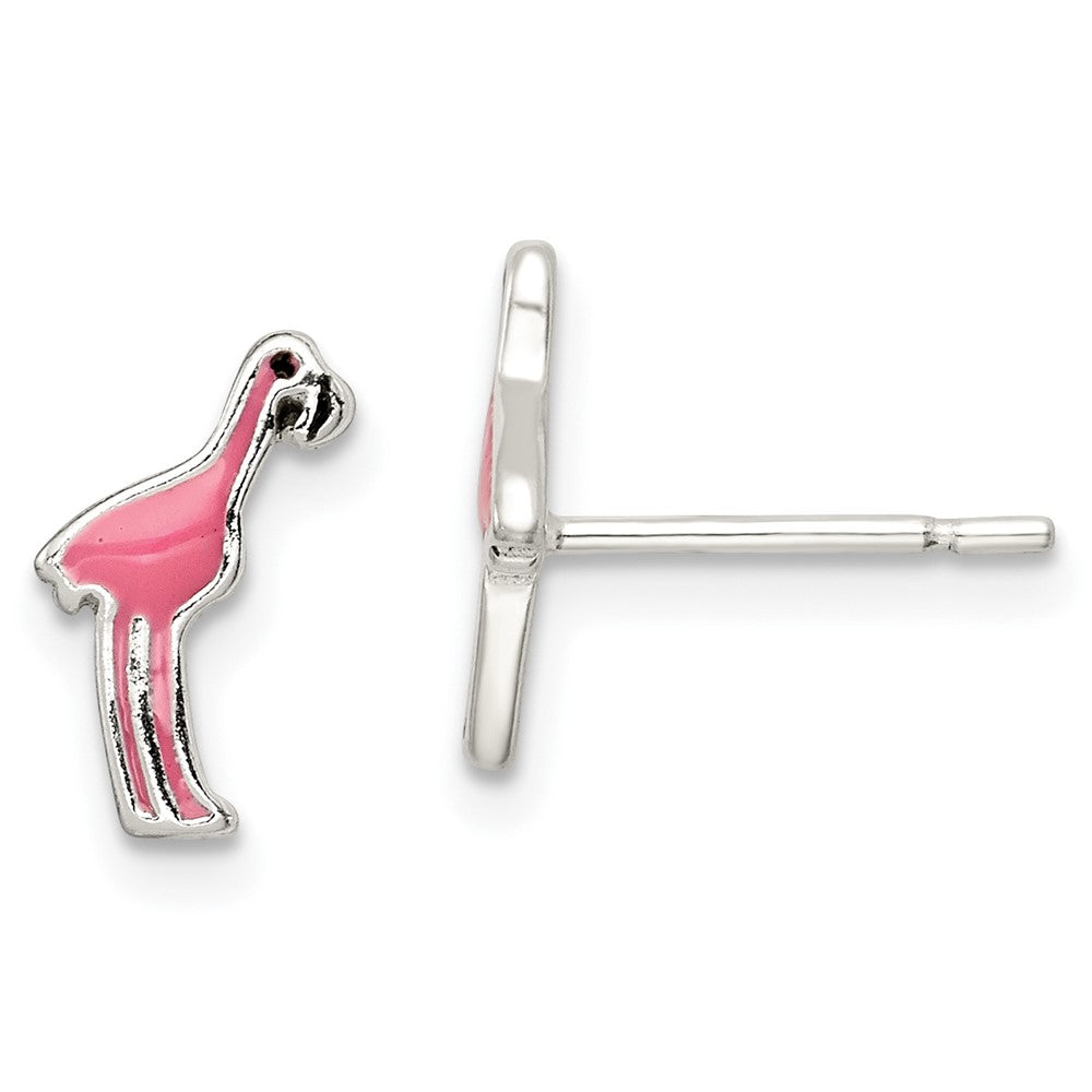 Sterling Silver Polished Pink & Black Enameled Flamingo Post Earrings (0.85 grams)