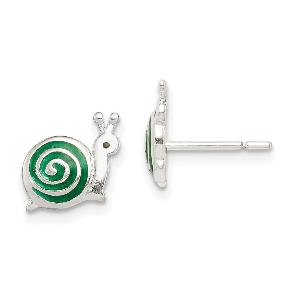 Sterling Silver Polished Green & Black Enameled Snail Post Earrings (1.25 grams)