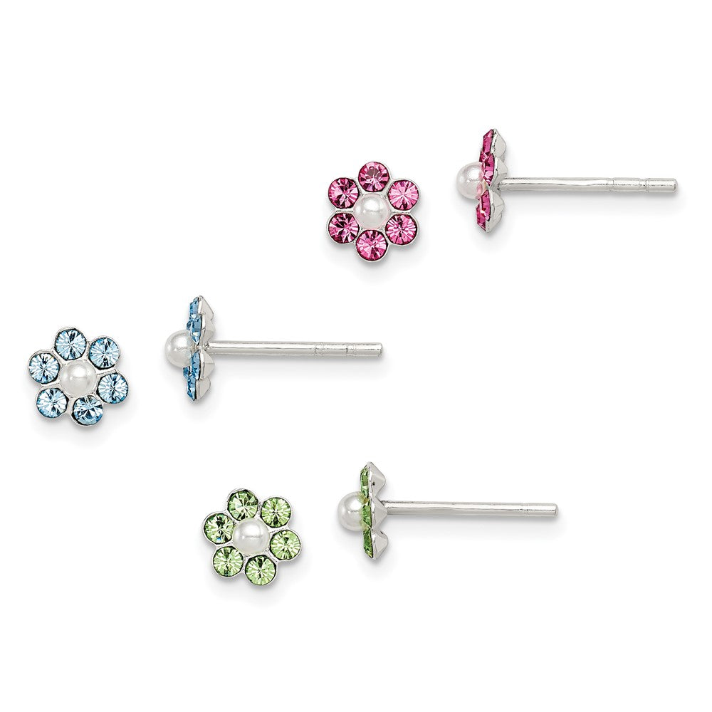 Sterling Silver Stellux Crystal & Imitation Pearl Flower Post Earring Set (1 grams)