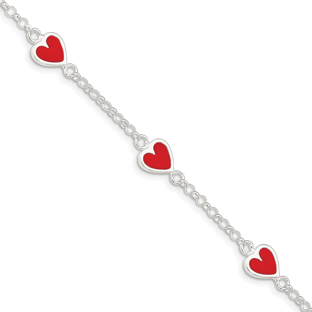 Sterling Silver Polished & Red Enamel Heart w/ 1in ext Children's Bracelet (2.64 grams)