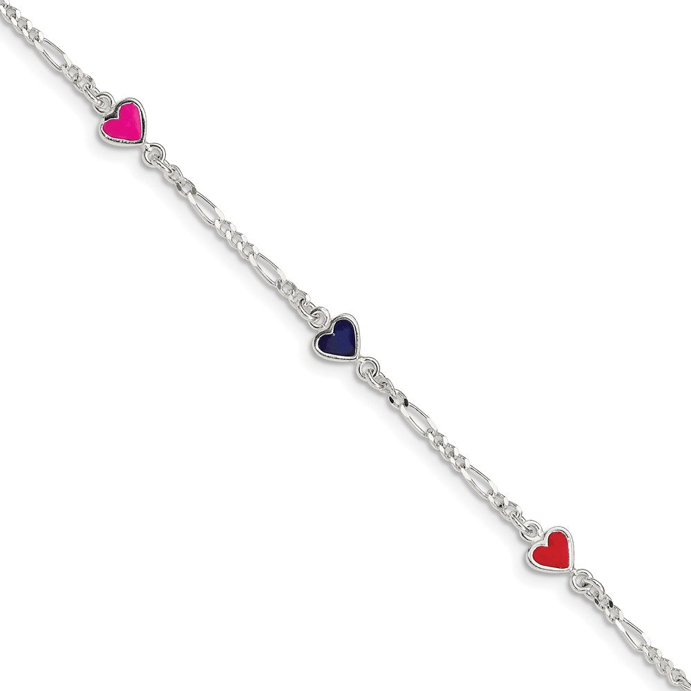 Sterling Silver Multi-color Enameled Hearts w/ 1in ext Children's Bracelet (1.92 grams)