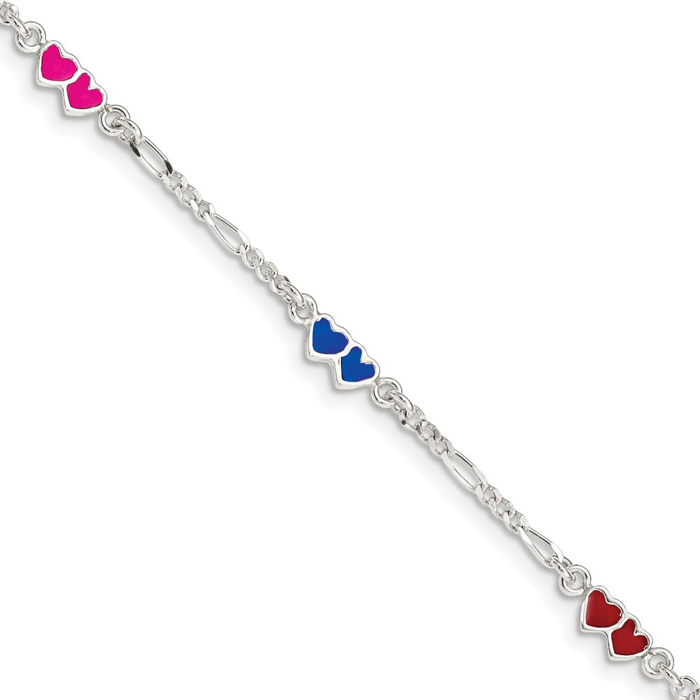 Sterling Silver Enameled Double Heart w/ 1in ext Children's Bracelet (1.66 grams)