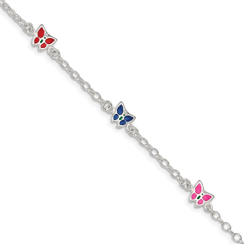 Sterling Silver Multi-color Enamel Butterfly w/ 1in ext. Children's Bracele (2.24 grams)