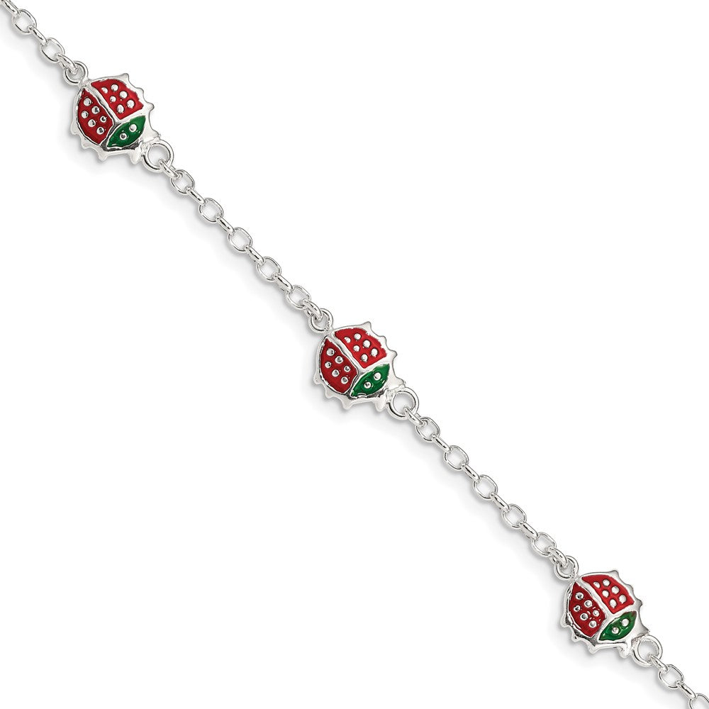 Sterling Silver Multi-color Enamel Ladybugs w/ 1in ext. Children's Bracelet (2.81 grams)