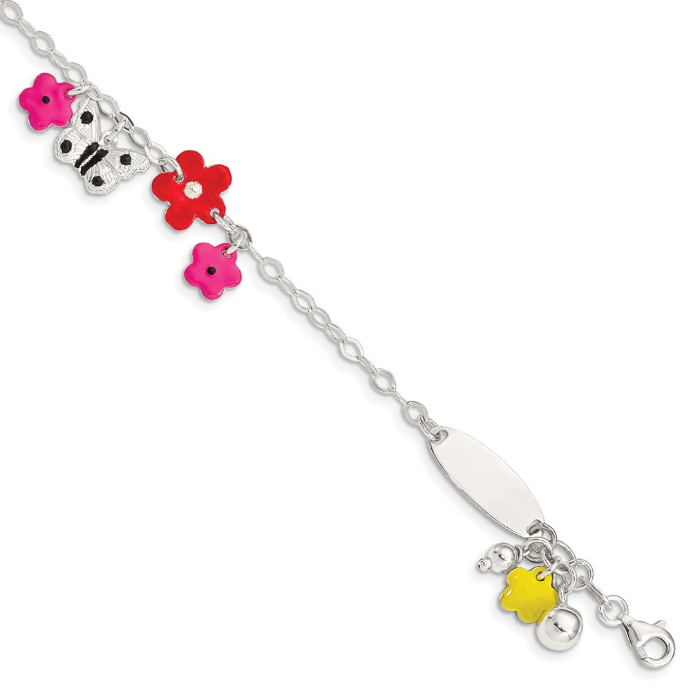 Sterling Silver Enameled Floral Butterfly w/1in ext Children's ID Bracelet (4.94 grams)